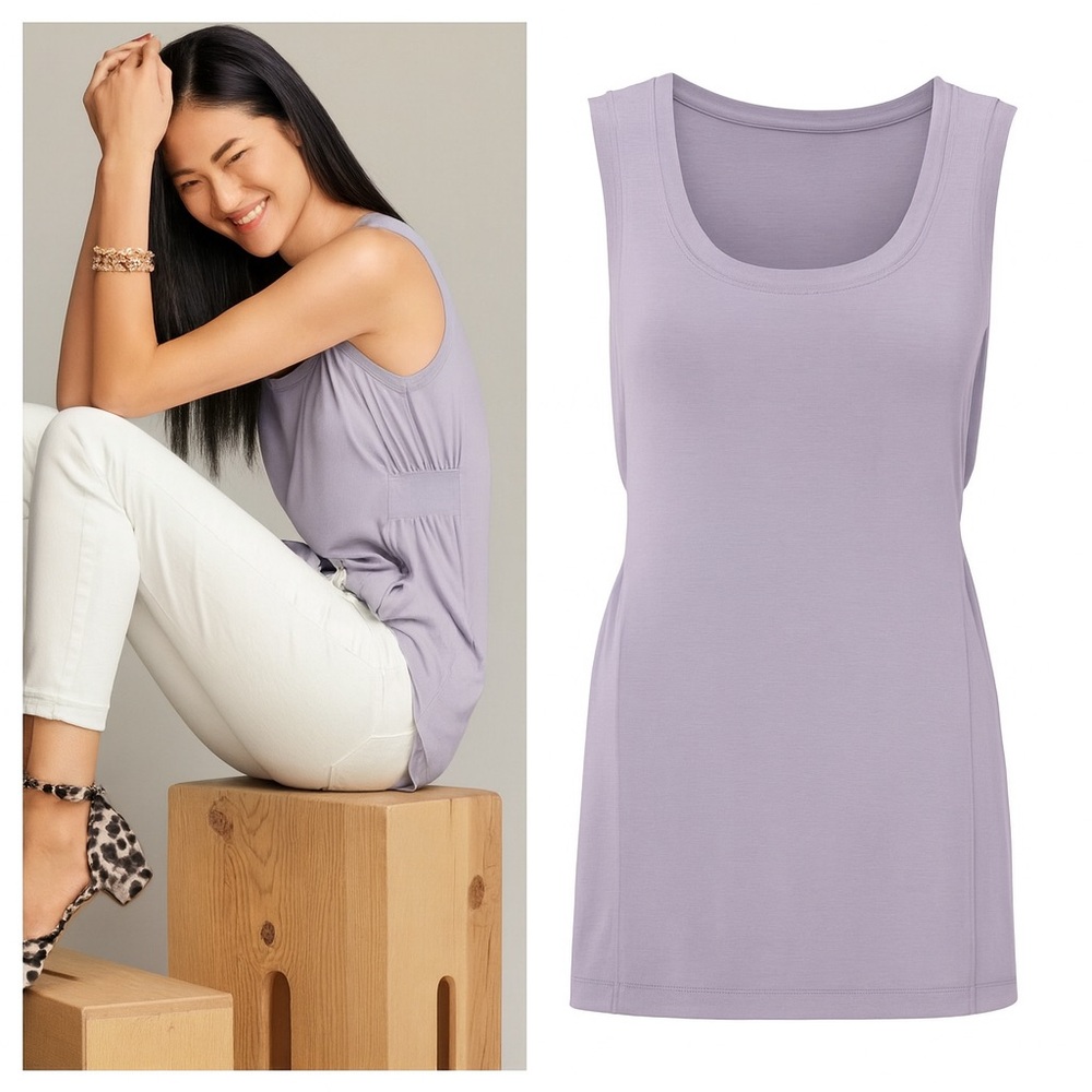 CAbi Huddle Tank Light Gray Lavender Scoop Neck Shirred Waist Tank Top Size S